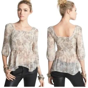 Free People beige floral smocked top with square neckline, size Small